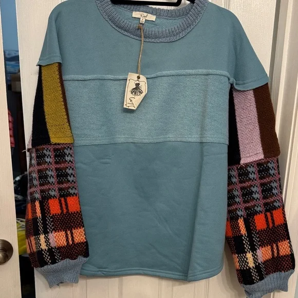 Easel Patchwork Blue OVERSIZED Knit Pullover Sweatshirt Sweater Small NEW - Picture 4 of 9